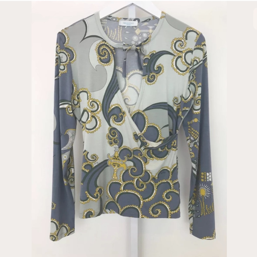 EMILIO PUCCI BLUE GRAY MULTI FAUX WRAP TIE LONG SLEEVE TOP MODEL 66RO08 SIZE L